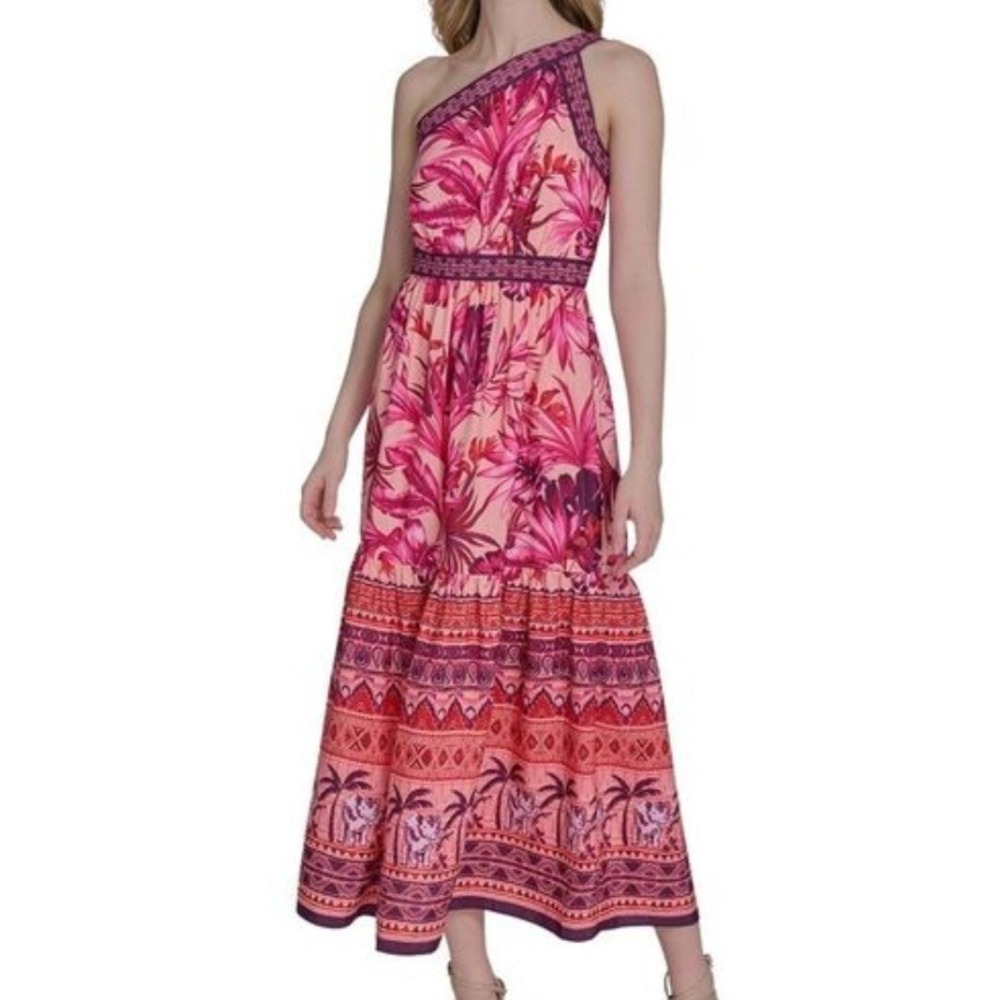Eliza J Mixed Print One Shoulder Tiered Fit & Flare Pink Midi Dress Womens 2 NWT